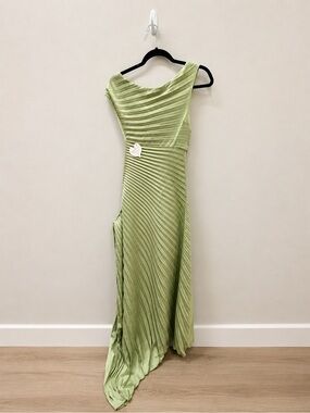 Oh Hello One-Shoulder Pleated Sage Evening Gown